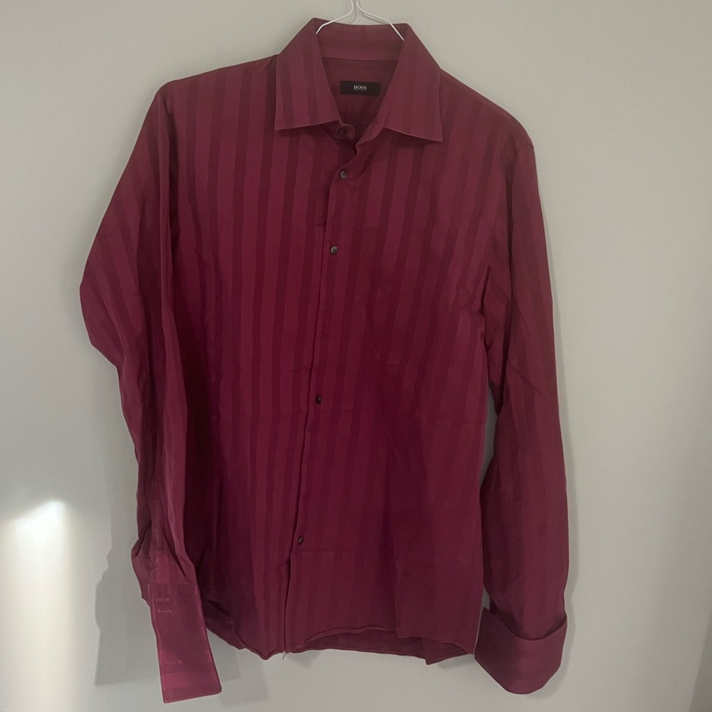 BOSS Size-15.5 Neck Burgandy w/Stripe Fitted Dress Long French Cuff Sleeve 34-35